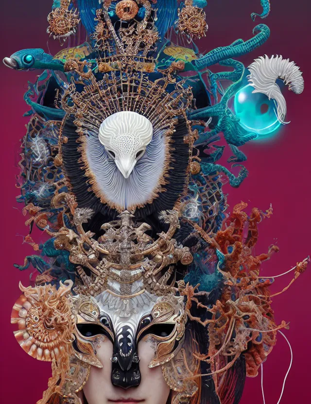 Image similar to goddess macro close - up portrait with crown, ram skull. beautiful intricately detailed japanese crow kitsune mask and clasical japanese kimono. betta fish, jellyfish phoenix, bioluminescent, plasma, ice, water, wind, creature, artwork by tooth wu and wlop and beeple and greg rutkowski