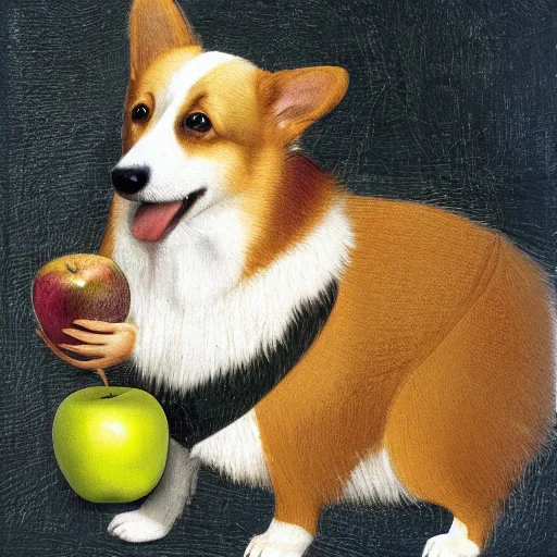 Image similar to corgi with an apple on its head, 4 k, leonardo da vinci