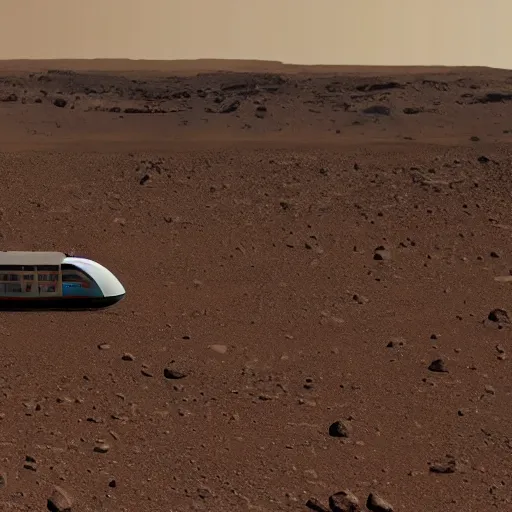 Image similar to bus moves next to alien spaceship on the mars