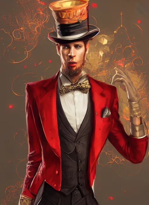 Prompt: a highly detailed illustration of stylish top hat wearing red haired attractive man, wearing suit vest, cool flashy posing, intricate, elegant, highly detailed, centered, digital painting, artstation, concept art, smooth, sharp focus, league of legends concept art, WLOP