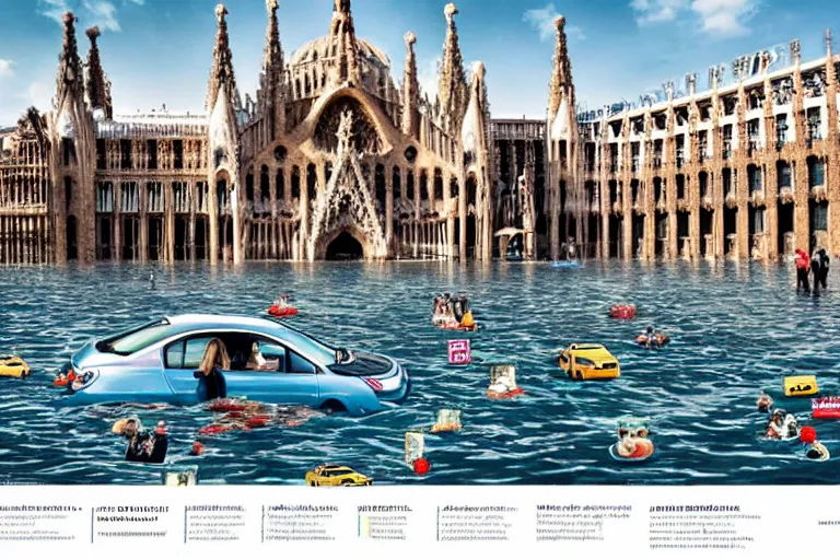 Prompt: touristic magazine ads of a family visiting a catastrophic barcelona, buildings covered with high water, floating cars, catchy graphic design, photo real