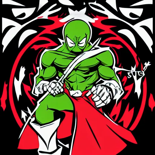 Image similar to Spawn by Todd-MacFarlene, SVG, Vector sticker, flat colors, full-body, uncropped, white-space-surrounding-subject