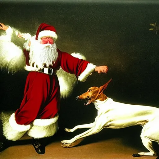 Prompt: Father Christmas throwing a bone for a greyhound to chase. Painted by Caravaggio