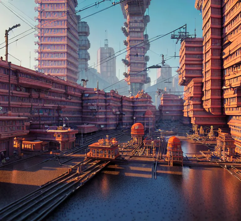 Image similar to hyperrealism photography hyperrealism concept art of highly detailed beavers builders that building highly detailed futuristic ( cyberpunk ) city by wes anderson and hasui kawase and scott listfield sci - fi style hyperrealism rendered in blender and octane render volumetric natural light