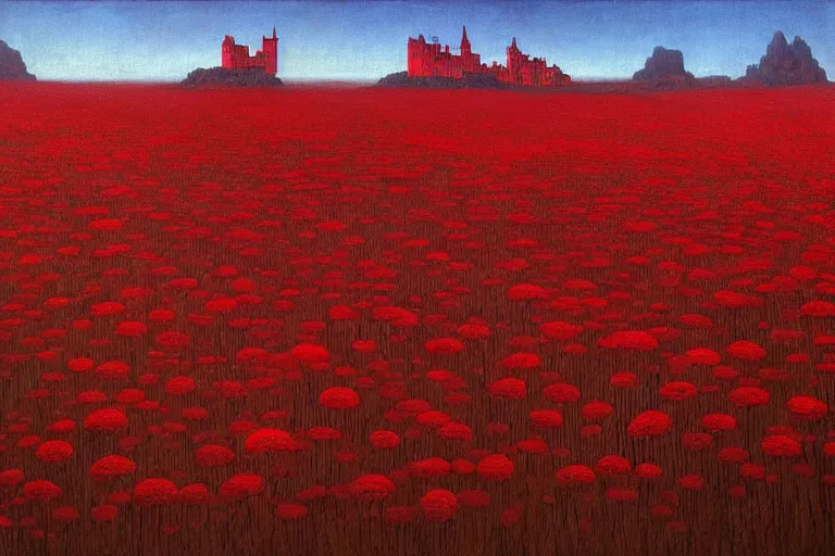 Image similar to only with red, red flowers of different types, a castle in the background, red orcs and trolls dance over the flowers, in the style of beksinski, part by hopper, part by rodcenko, part by hofbauer, intricate composition, red by caravaggio, insanely quality, highly detailed, masterpiece, red light, artstation