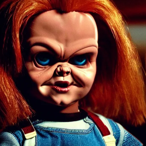 Image similar to Chucky the killer doll from the movie Child's Play in an episode of Stranger Things