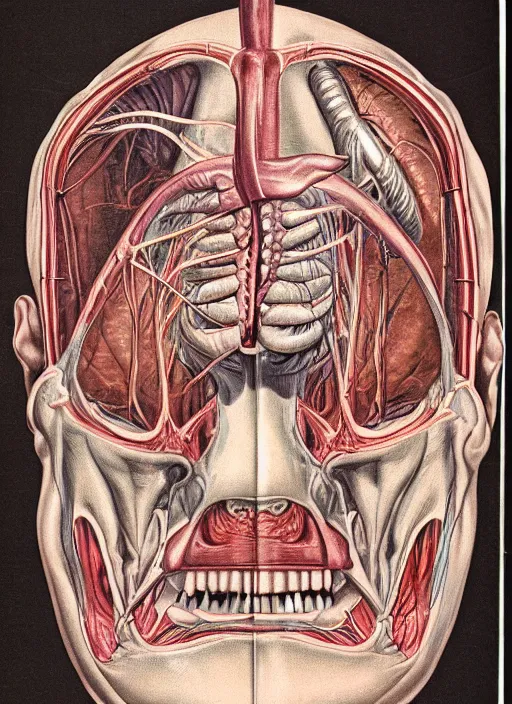 Prompt: vintage medical anatomical illustration of predator ( 1 9 8 7 ) mouth, highly detailed, labels, intricate writing