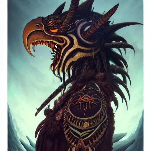 Image similar to side profile of barong family member, wiwek, mara demon, one single tribe member, jungle, one single mask, dark, ancient warrior, snake, dragon, eagle, eagle talons, tribal, inner glow, paint by peter mohrbacher