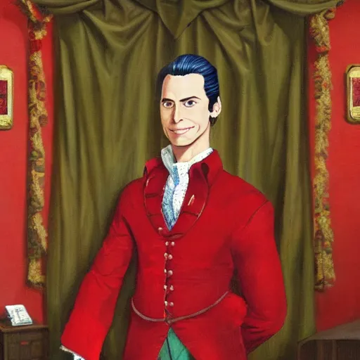 Image similar to a highly detailed portrait of miles edgeworth from ace attorney, inside a room with thick red tapestries, oil painting