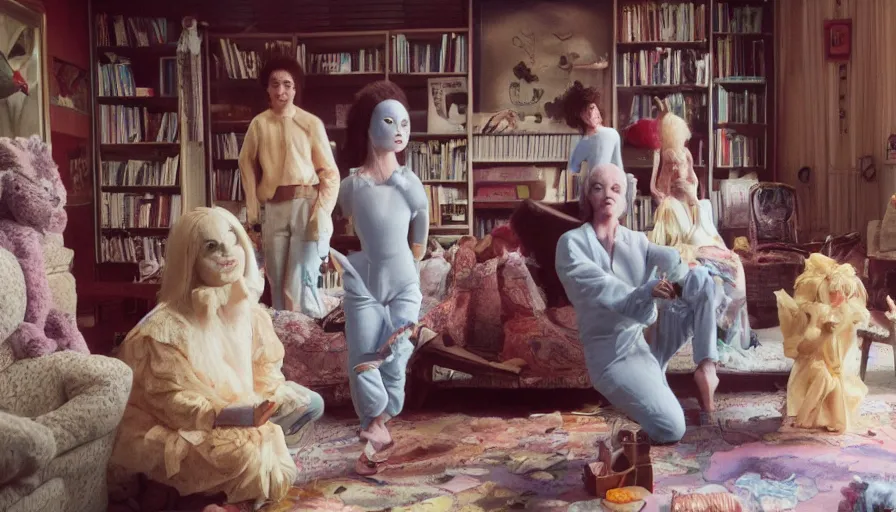 Prompt: movie still by alejandro jodorowsky of a beautiful day in a family living room in tokyo, visible magic energy, dream creature costumes, unexpected surreal dream mini city in the living room, cinestill 8 0 0 t eastmancolor technicolor, high quality, very detailed, heavy grain, fine facial features, 8 k, octane render