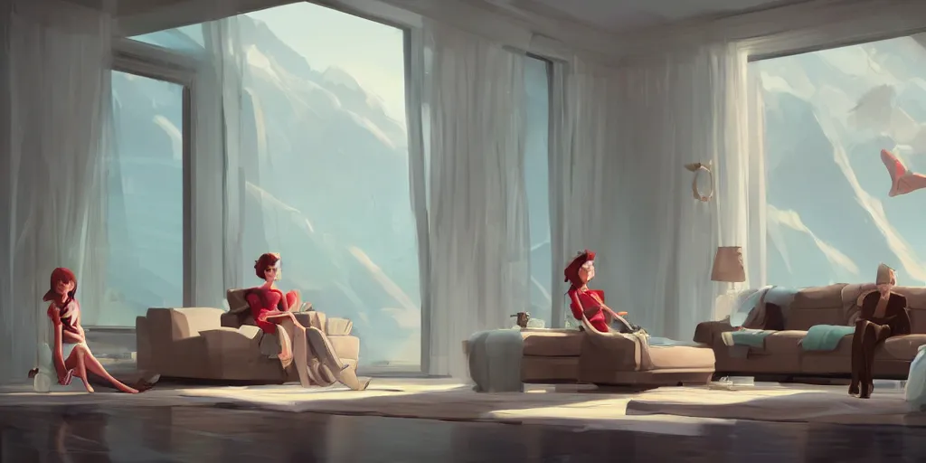 Prompt: a beautiful couple in an elegant living room suspended on a cloud above emerald lagoon, there is a beautiful marshall speaker with visible music coming from, mattepainting concept Blizzard pixar maya engine on stylized background global illumination lighting artstation  lois van baarle, ilya kuvshinov, rossdraws