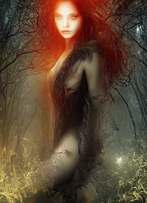 Image similar to glowing silver and golden elements, full close-up portrait, young female face model as a dark witch in front of the full big moon, book cover, green forest, red white black colors, establishing shot, extremly high detail, photo-realistic, cinematic lighting, pen and ink, intricate line drawings, by Yoshitaka Amano, Ruan Jia, Kentaro Miura, Artgerm, post processed, concept art, artstation, matte painting, style by eddie, raphael lacoste, alex ross