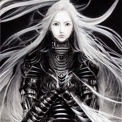 Image similar to Yoshitaka Amano realistic illustration of an anime girl with wavy white hair, black eyes and cracks on her face wearing Elden ring armour with the cape fluttering in the wind, abstract black and white patterns on the background, noisy film grain effect, highly detailed, Renaissance oil painting, weird portrait angle