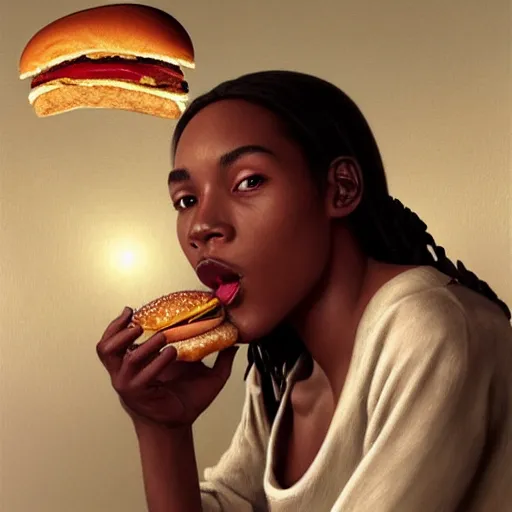 Prompt: portrait of Bill Cosby eating hamburger, extra onions and ketchup, luscious patty with sesame seeds, feminine ethereal, delicate fingers, subsurface scattering skin, handsome, D&D, fantasy, intricate, elegant, highly detailed, digital painting, artstation, concept art, matte, sharp focus, illustration, art by Artgerm and Greg Rutkowski and Alphonse Mucha