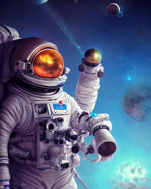 Image similar to wide shoot selfie of ethereal intricate cosmonaut lie relaxed on a crescent moon between the stars and the planets in outer space, cosmonaut post grunge concept art,high detail,4k, trending on artstation by Yoshitaka Amano, josan gonzalez and tyler edlin