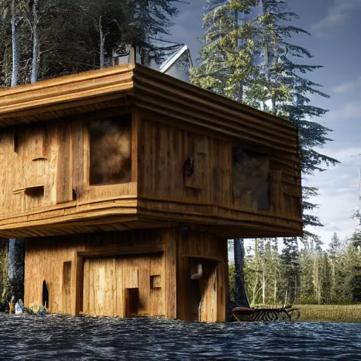 Image similar to a house made of a long hair. The house is made of 3 mammalian abdomens. The fur house sits in a lake on the edge of a forest. A family is living inside the fur house and it is furnished with contemporary furniture and art. ultra wide shot, Coronarender, 8k, photorealistic