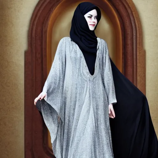 Image similar to A full body portrait of Emma Stone wearing a Black Arabian abaya , high quality, fully detailed, 4k