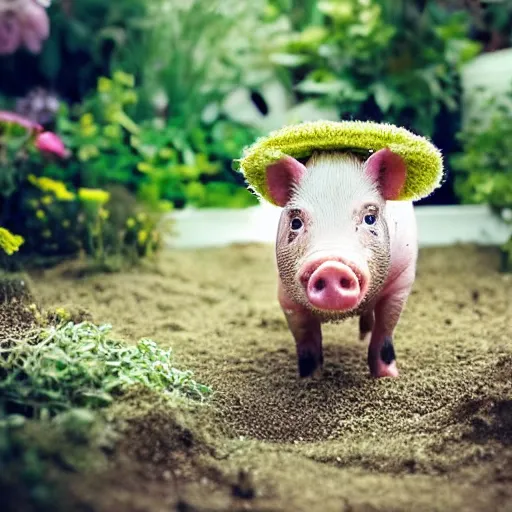 Image similar to a miniature pig wearing a cute hat!!! summer garden! hyper realistic!! realistic lighting!! wildlife photograph of the year!!! bold natural colors, national geographic, hd, wide angle, 8 k