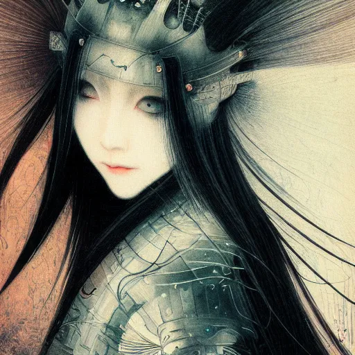 Image similar to yoshitaka amano blurred and dreamy illustration of a japanese woman with black eyes, wavy white hair fluttering in the wind wearing elden ring armor with engraving, abstract patterns in the background, noisy film grain effect, highly detailed, renaissance oil painting, weird portrait angle, blurred lost edges, three quarter view