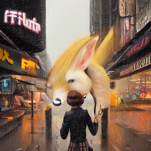 Image similar to white furred anthropomorphic female vulpes vulpes fulva, eating noodles, in the rain by a noodle kiosk, in crowded and wet street of a city, cyberpunk, harsh neon lights, highly detailed, digital painting, trending on artstation, concept art, sharp focus, illustration, art by artgerm and greg rutkowski and magali villeneuve