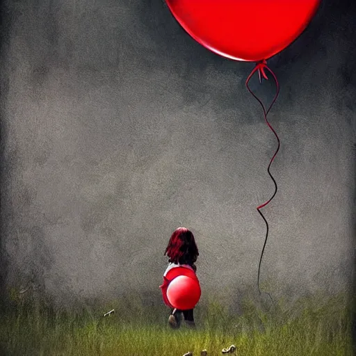 Image similar to grunge cartoon landscape painting of a little girl and a red balloon by - michal karcz, loony toons style, pennywise style, horror theme, detailed, elegant, intricate