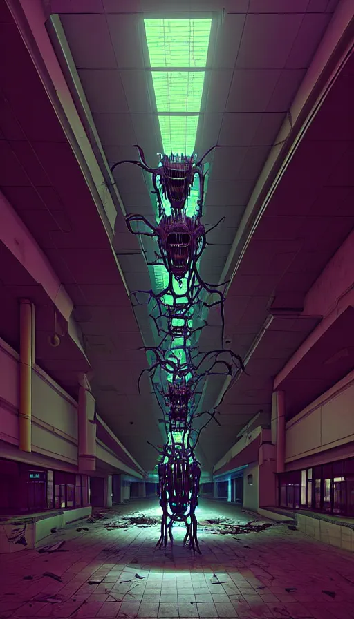 Image similar to biomechanical cybernetic monster creature in the dark abandoned mall, absolutely symmetrical 3 d artwork by simon stalenhag tooth wu ande beeple