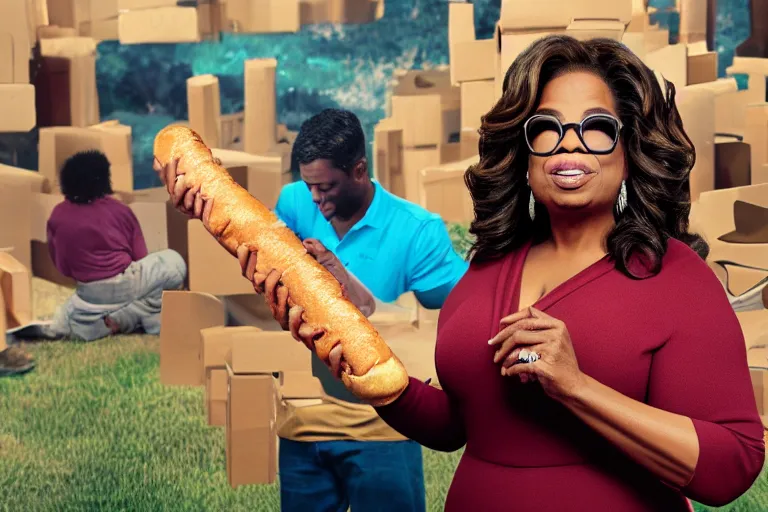 Prompt: oprah winfrey holding a hotdog, surrounded by homeless people, cardboard city, hyper realistic, 8 k, ethereal details, high resolution, cinematic lighting