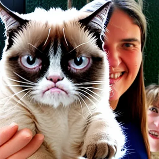 Image similar to a huge smile with grumpy cat, time and space bends when something covers her face