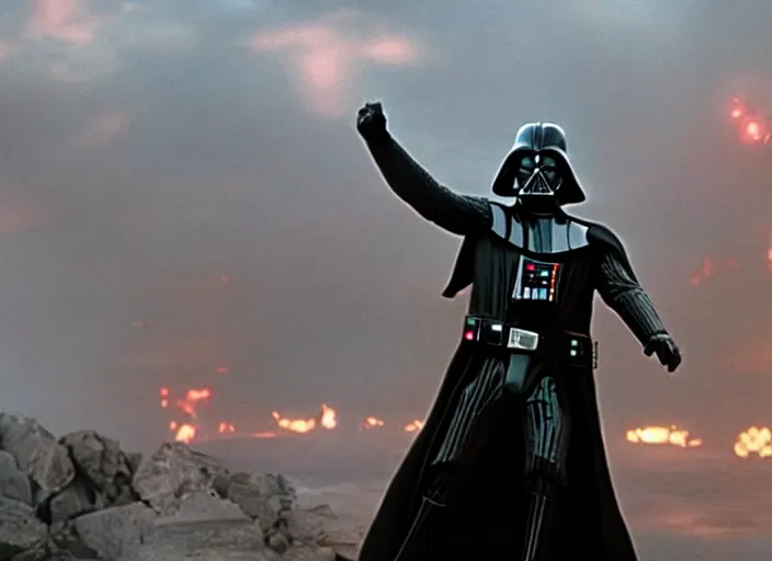 Image similar to film still of Darth Vader jumping up in joy over his great success in the new Star Wars movie, 4k