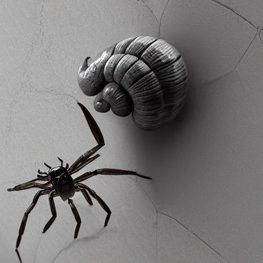 Image similar to a hybrid creature, half snail half spider, climbing a wall, trending in artstation, octane Render