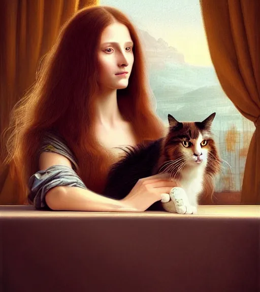 Prompt: portrait of a beautiful long - haired woman with her cat sitting upon a table with heightened detail, poised, intense emotion, detailed facial expression, detailed surroundings, intricate, elegant, highly detailed, centered, digital painting, artstation, concept art, smooth, sharp focus, illustration, by ( leonardo da vinci ), wlop