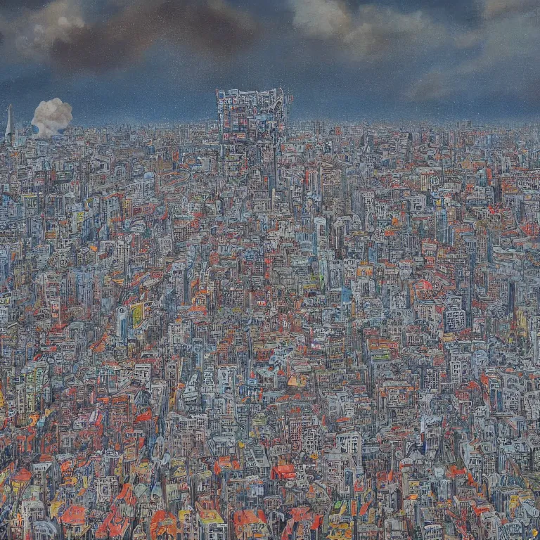 Prompt: Nuclear explosion in a densely populated city with 20 million people, painted by Pablo Amaringo