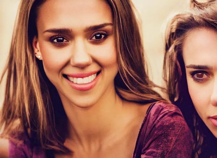 Image similar to a closeup, 4 5 mm, detailed photograph of a woman looking lovingly at camera with a seductive smile, half jessica alba half nathalie portman half scarlett johansson, beautiful low light, 4 5 mm, by franz lanting