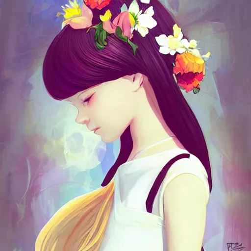 Prompt: little girl with flowers in hair wearing an white dress, art by ilya kuvshinov,