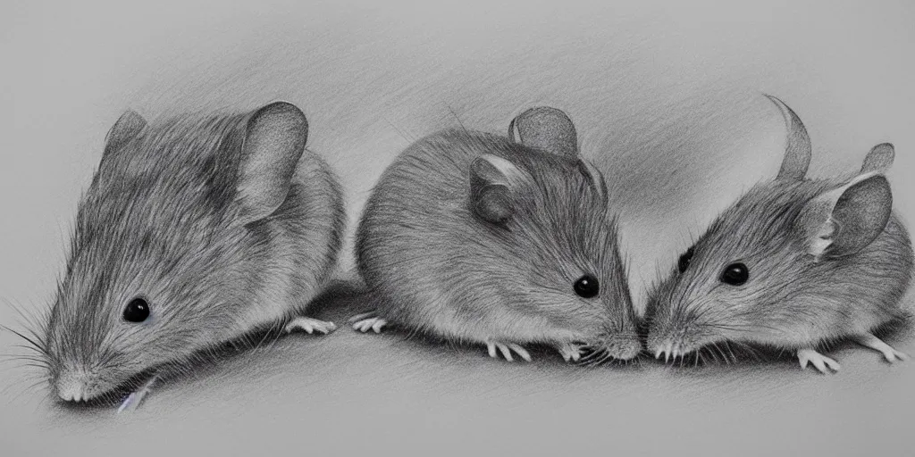 Image similar to a beautiful pencil drawing of exactly two!!! mice; masterpiece; extremely highly detailed; ultra-realistic; trending on artstation