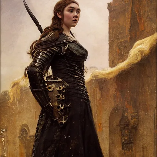 Image similar to young florence pugh, wearing dark black ornamented medieval armour, detailed, by gaston bussiere, bayard wu, greg rutkowski, giger, maxim verehin, greg rutkowski, masterpiece, sharp focus,