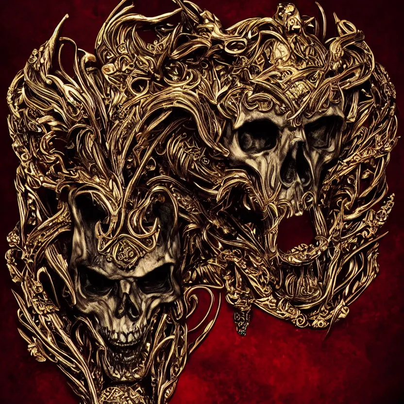 Prompt: photo portrait portrait of skull of wolf, lying on bones, dramatic lighting, golden ornaments, symmetric, intricate skeletal decorations, symmetry, highly detailed, concept art, black, red, white, gold layers, super moon, style of nekroxiii, hyperrealistic, dark background, smoke