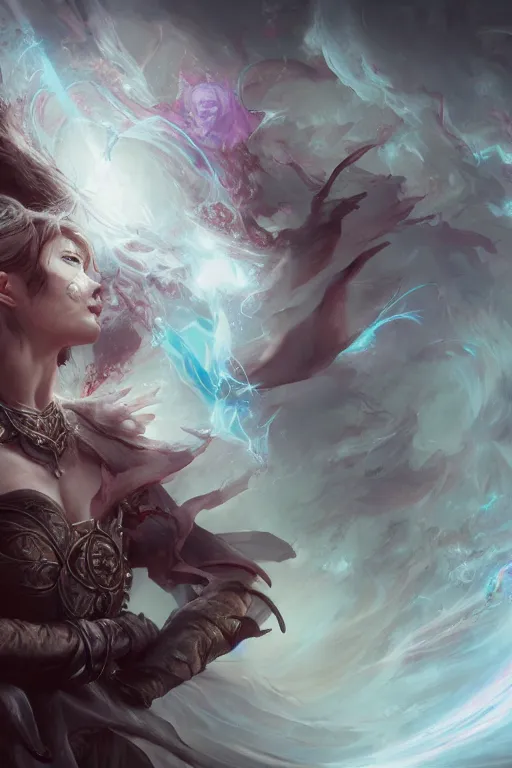 Image similar to beautiful girl sorcerer in blood skin, casting magic spell, angel, magic storm and thunder clouds, fantasy, magic the gathering, hyper detailed, 3 d render, hyper realistic detailed portrait, peter mohrbacher, wlop, ruan jia, luis royo