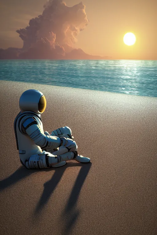 Image similar to a astronaut sitting on the beach looking to the sea at sunrise, concept art, octane render, unreal engine 5, trending on Artstation, high quality, highly detailed, 8K, soft lighting, godrays, path tracing, serene landscape, turbulent sea, high coherence, anatomically correct, hyperrealistic, sand, beautiful landscape, cinematic, clouds in the sky