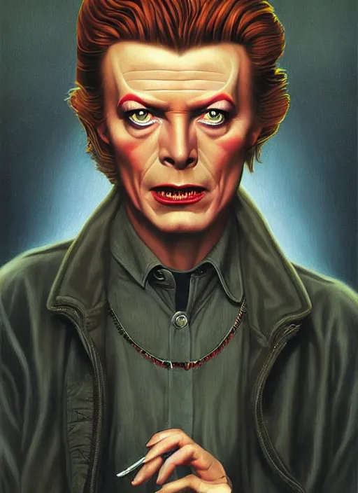 Image similar to twin peaks poster art, portrait of the demons of the black lodge have got david bowie swapped around their finger, by michael whelan, rossetti bouguereau, artgerm, retro, nostalgic, old fashioned