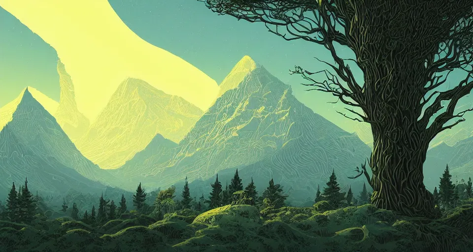 Prompt: a beautiful landscape with trees and mountains, by kilian eng