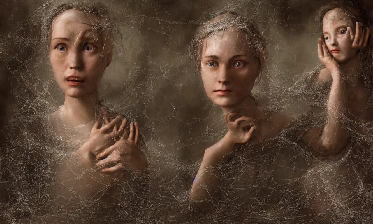 Image similar to a cinematic head and shoulders portrait of a beautiful female jointed wooden doll, holding each other, abandoned inside an abandoned house, spider webs, a giant spider, broken toys are scattered around, by James C. Christensen, by Tomasz Alen Kopera, by Raphael, by Caravaggio, 8K, rendered in Octane, cinematic, 3D, volumetric lighting, highly detailed, photorealistic, hyperrealism, BIG SPIDER