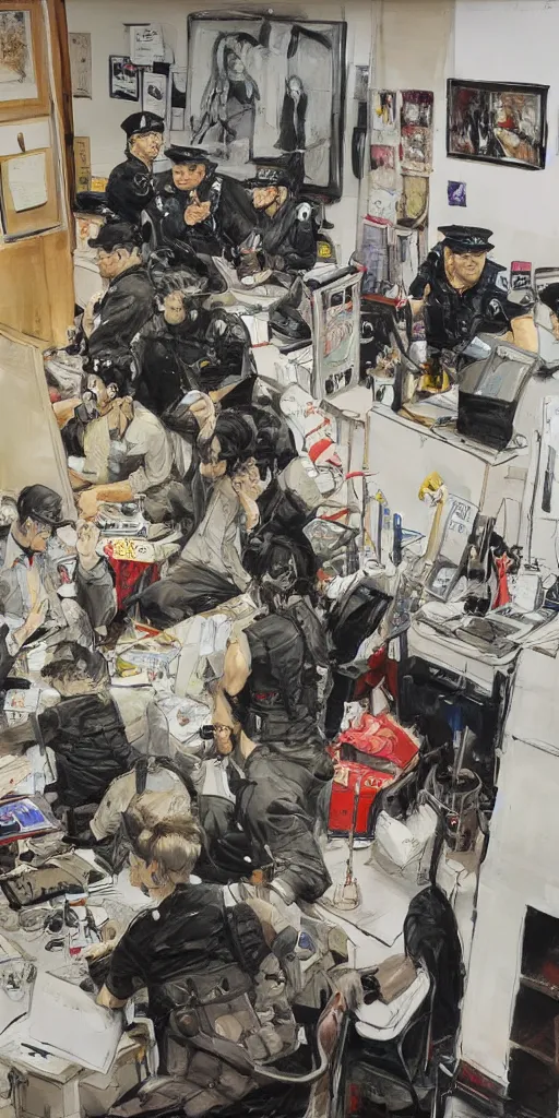 Prompt: oil painting scene from london police office by kim jung gi