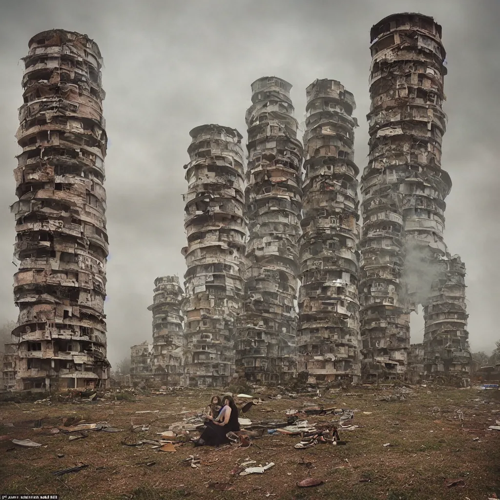 Image similar to circular towers, made up of makeshift squatter housing with faded colours, apocalyptic sky, misty, dystopia, mamiya rb 6 7, fully frontal view, ultra sharp, very detailed, photographed by julie blackmon