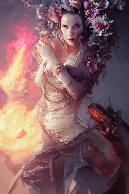 Image similar to beautiful girl necromancer, witch - doctor exploding into flowers, angels, 3 d render, hyper - realistic detailed portrait, holding fire and electricity, ruan jia, wlop. scifi, fantasy, magic the gathering, hyper detailed, octane render, concept art, peter mohrbacher