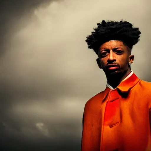 Prompt: a photo of a beautiful 2 1 savage. moody and melanchony, dramatic lighting. with a little bit of tasteful yellow and red.