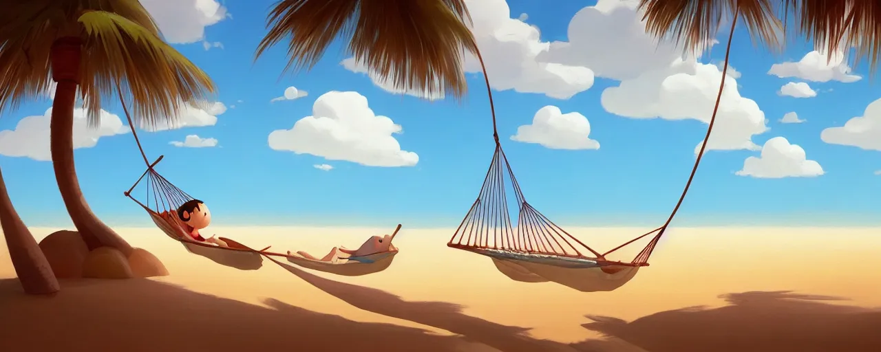 Image similar to goro fujita ilustration of a summer beach with palm tree and clouds and a hammock, painting by goro fujita, sharp focus, highly detailed, artstation