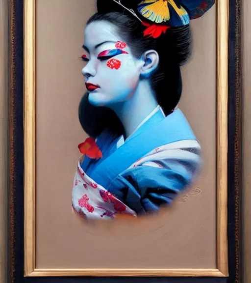 Prompt: delightful geisha, sleepwalk by bartholomew beal, alfio presotto, rhads, salustiano garcia cruz, lita cabellut, contemporary art, mixed media, whimsical art, detailed,