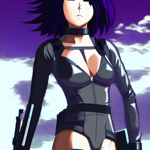 Image similar to Anime Major motoko kusanagi in all black uniform, digital art, dot matrix