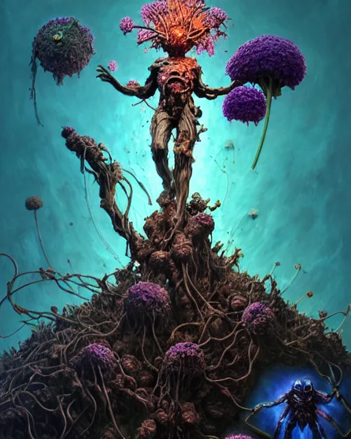 Image similar to the platonic ideal of flowers, rotting, insects and praying of cletus kasady carnage thanos davinci dementor wild hunt chtulu mandelbulb spirited away doctor manhattan bioshock, caustic, ego death, decay, dmt, psilocybin, concept art by randy vargas and greg rutkowski and zdzisław beksinski